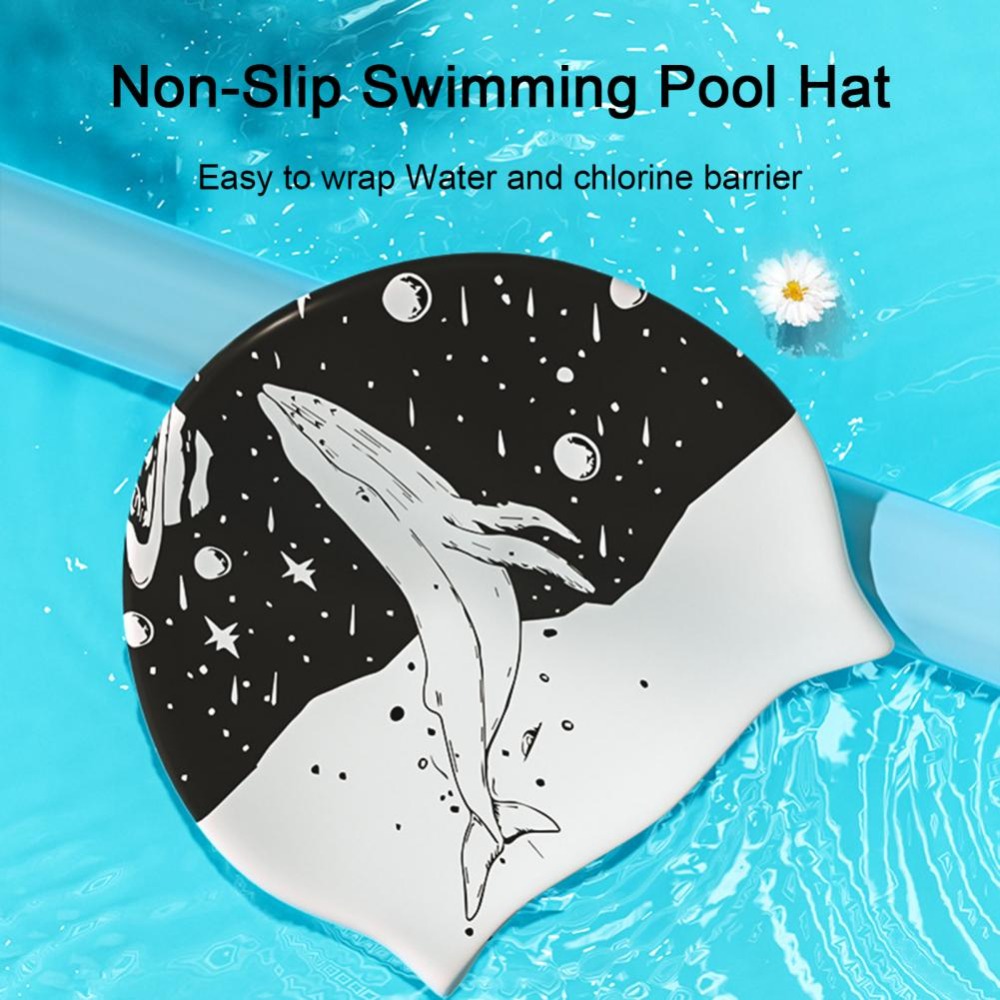 Swim Hat Silicone - قبعة سباحة سيليكون سوداء مطبوعة على