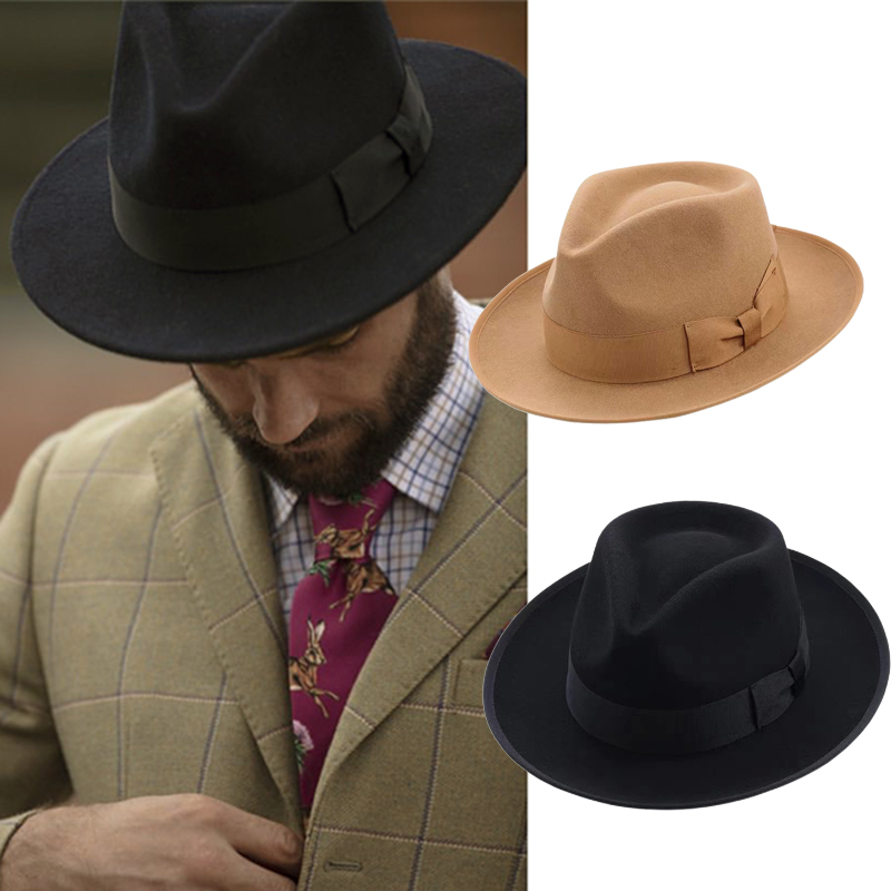 Fedora Hat Wool - أسود فيدورا قبعة للجنسين واسعة حافة